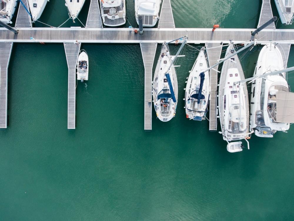 Birds-eye view of yachts in harbour