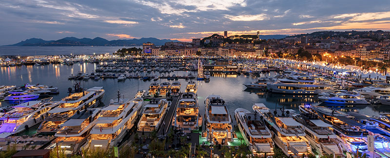 panorama of yachts docked in Cannes at sunset