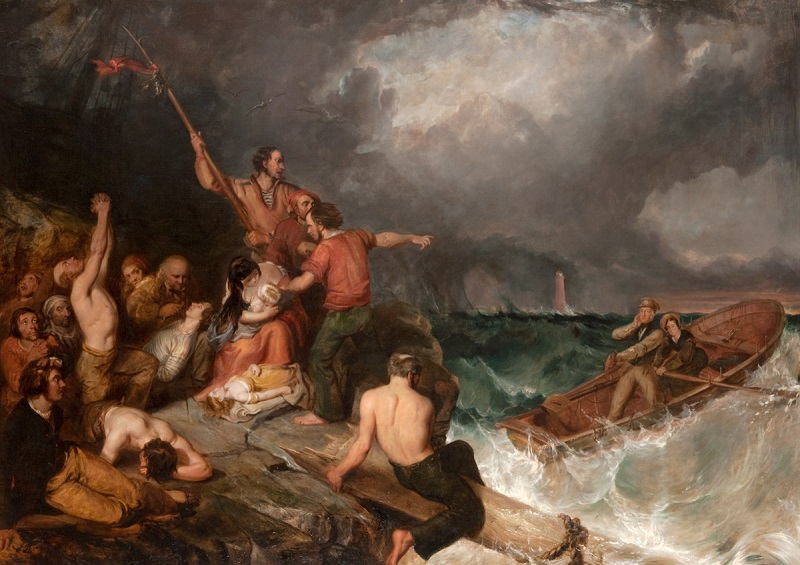 Olieverfschilderij van de redding van de overlevenden van de Forfarshire met een roeiboot.