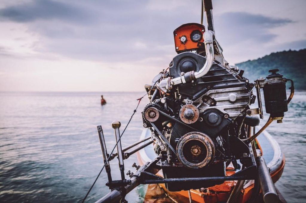 Metallic parts on the inside of the boat engine