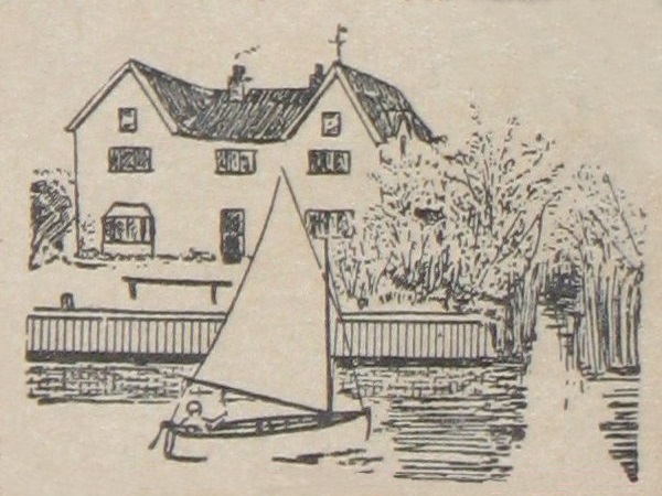 Tekening van een zeilboot met een huis op de achtergrond