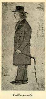 Alte Zeichnung einer Frau, die Hosen, einen langen Mantel und einen Zylinder trägt. Sie hält eine alte Angelrute, die sie hinter sich herzieht. 