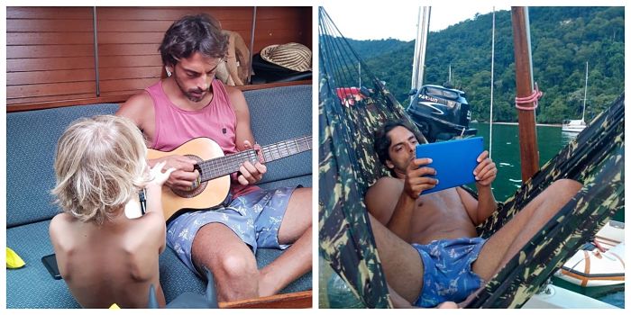 La famille pendant sa quarantaine sur le bateau : ils jouent des instruments, lisent, dessinent, nagent, jouent avec Lula, etc. Photo :"El barco amarillo