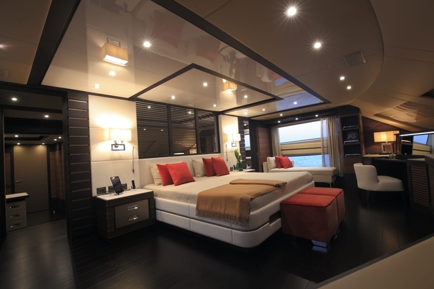 A view of the bedroom area inside a luxury boat 