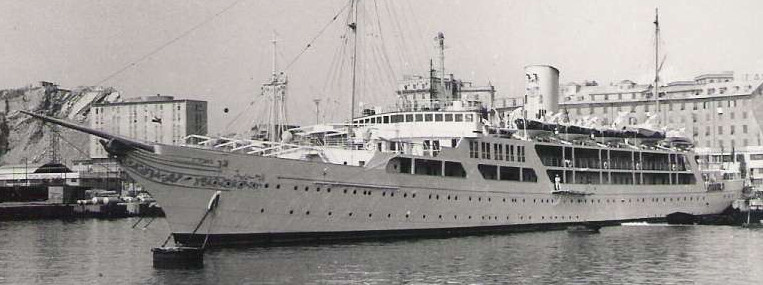 Black and white photo of a regal looking yacht