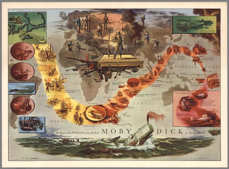 Kaart van de reis van de Pequod uit het boek Moby-Dick van Herman Melville