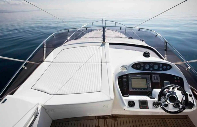 View from behind the steering wheel of a powerboat