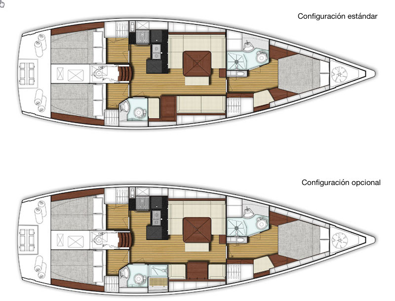 Nuestro barco de prueba tenía la configuración estándar. Podemos optar por añadir una ducha al baño de popa además de personalizar las tapicerías, maderas y encimeras de la cocina.